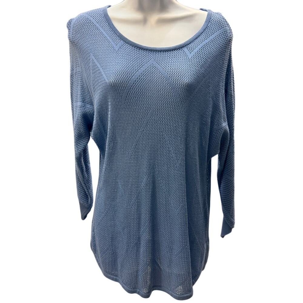 DANA BUCHMAN Womens M Open Knit Print Pullover Sweater Blue 3/4 Sleeve cover up